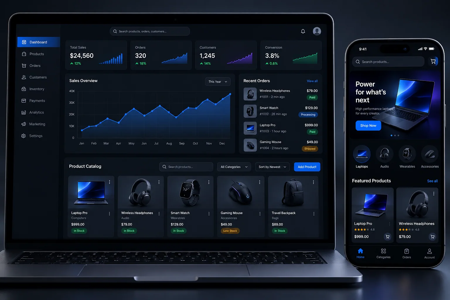 Dashboard toko online MIVIM Commerce dalam mode gelap