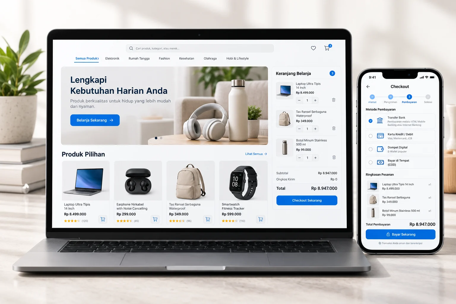 Mockup storefront toko online dan checkout mobile