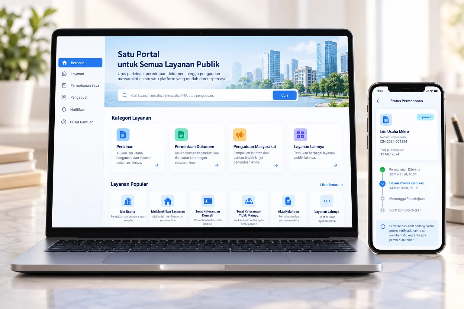 Mockup portal layanan publik dan pelacakan permohonan