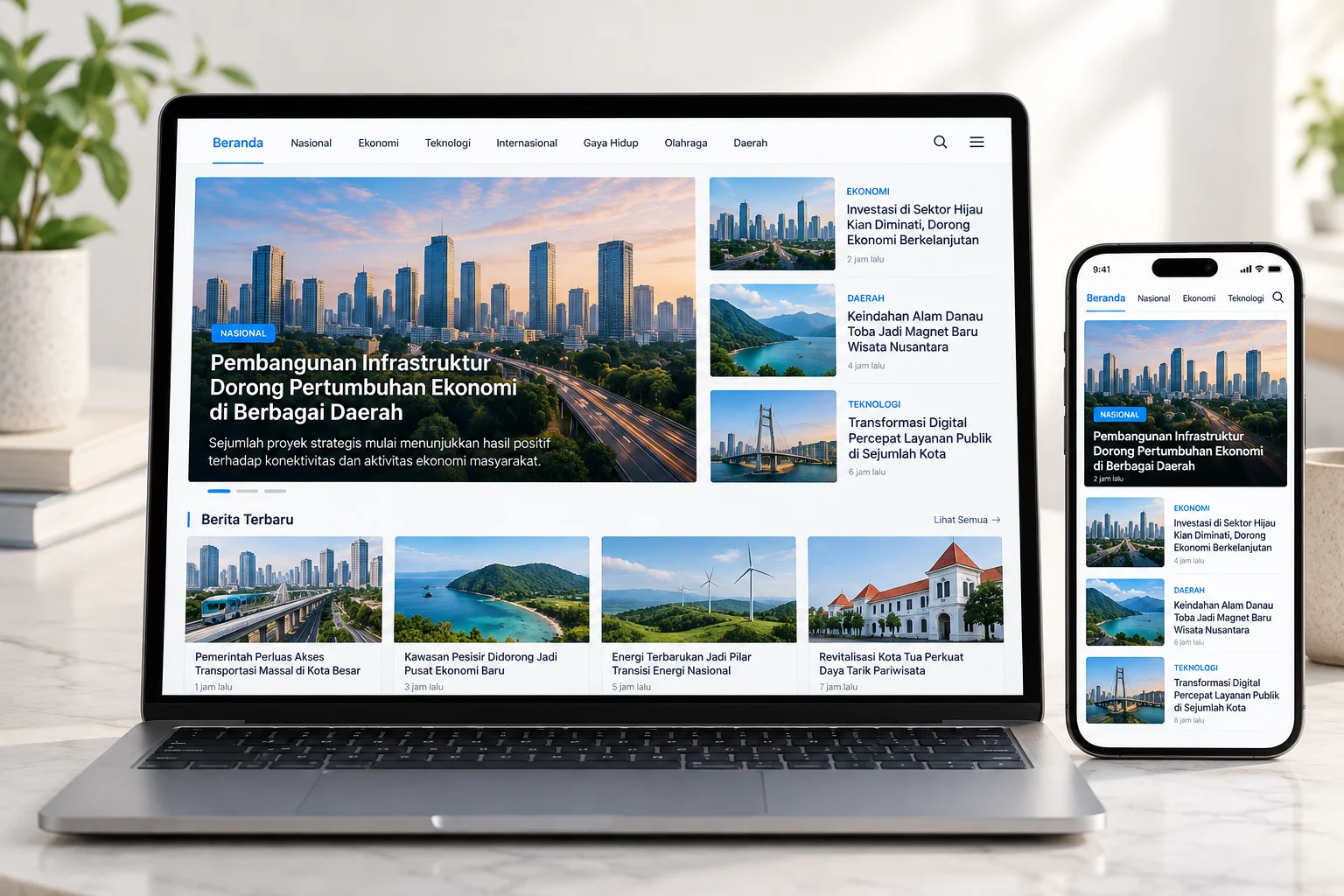 Mockup portal berita responsif di laptop dan ponsel