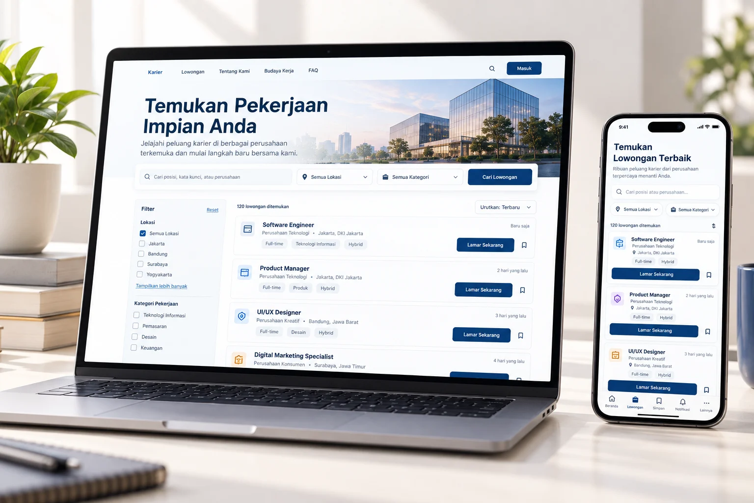 Mockup halaman listing lowongan kerja di website dan aplikasi mobile