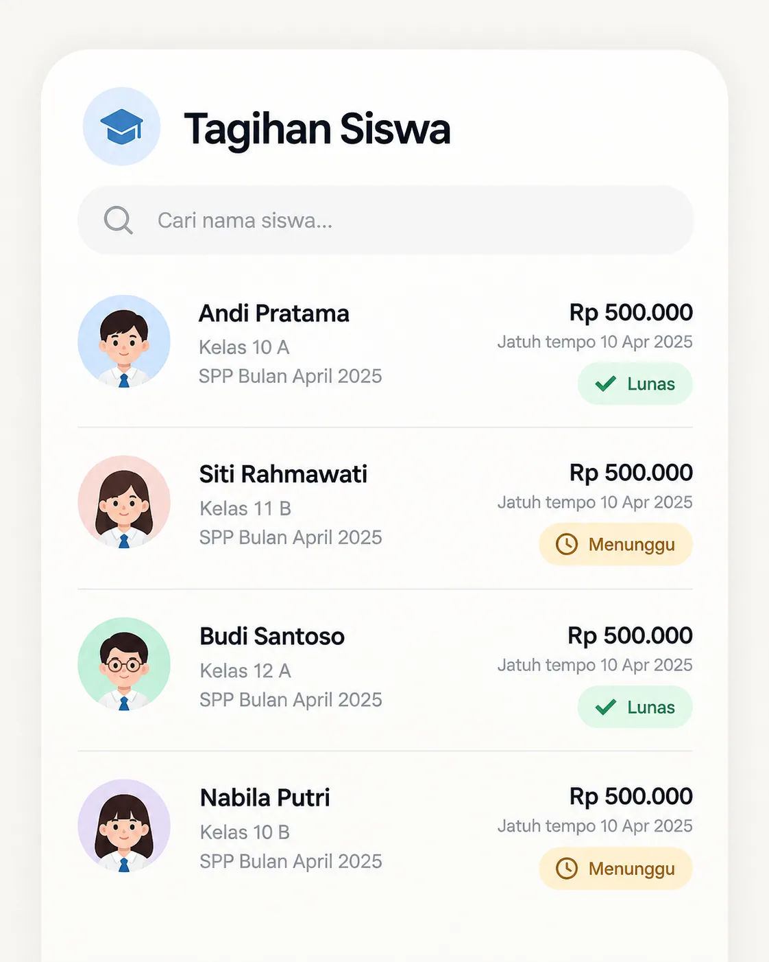 Daftar tagihan dan status pembayaran peserta kursus