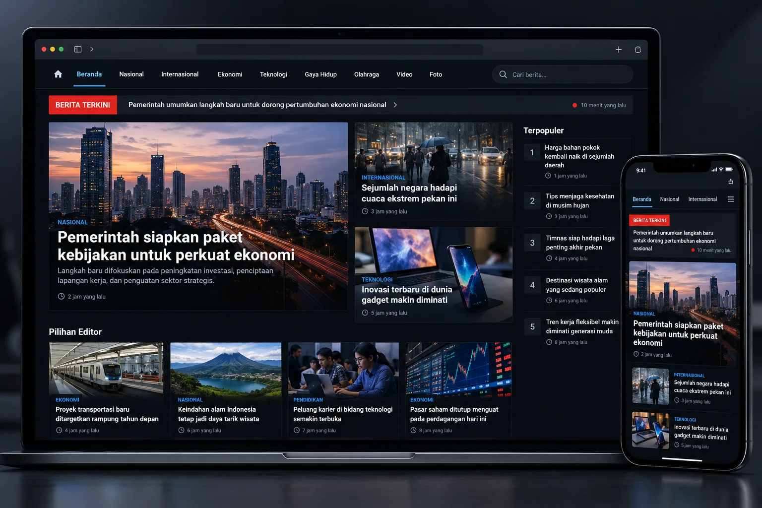 Tampilan dashboard portal berita modern MIVIM NEWS