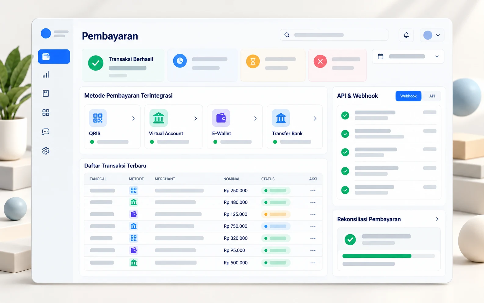 Dashboard transaksi dengan integrasi payment gateway, API, dan webhook